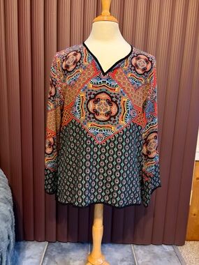 Tolani Multicolor V-Neck Printed Tunic — Blue, Red, Green, Black